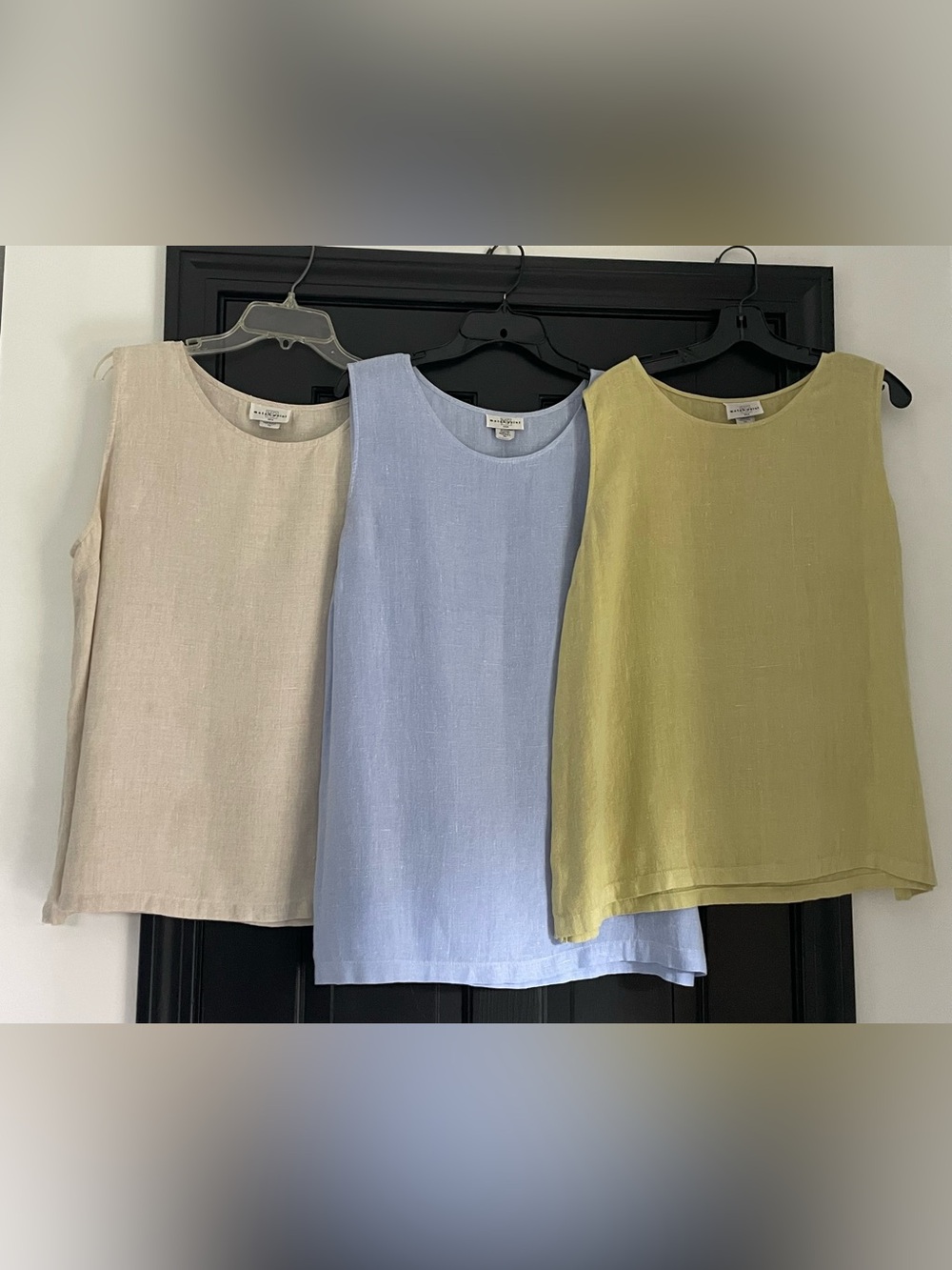 Three Match Point  Sleeveless Linen Shell Tops- Light Olive, beige & Lilac-Blue